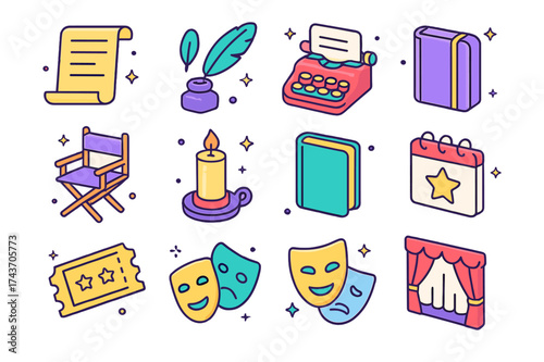 Playwriting Icon Set. Playwriting. Colorful isometric vector icons set of playwriting: script, feather pen, ink bottle, typewriter, notebook, director?s chair,