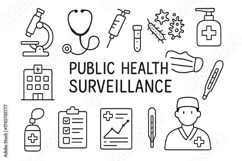 Public Health Symbols. Public Health Surveillance. Hand-drawn doodle illustration public health surveillance microscope, stethoscope, syringe, test tube, virus