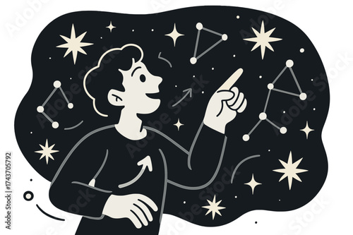 Cosmic Wonder. Wonder in the sky. A figure pointing upward while surrounded by glowing constellations and spark-shaped stars. A dreamy, cosmic atmosphere.