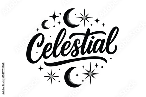 Celestial Hand Lettering. ?Celestial?. modern hand lettering, smooth curves, balanced composition, clear