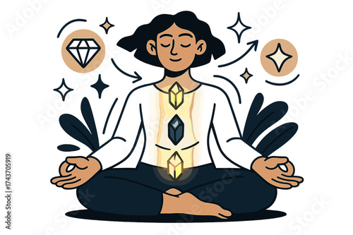 Crystal Energy Meditation. Crystal healing. Glowing crystals placed on person?s body as they meditate calmly. Floating icons of gem, sparkle, and star showing
