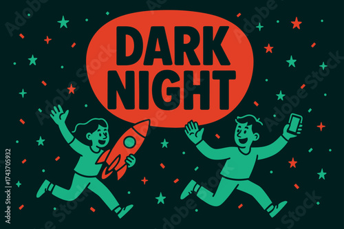 Cartoon Chaos at Midnight. Dark Night banner, flat vector illustration, bold oversized text inside rounded blob, cartoon characters running and waving, holding