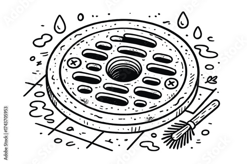 Floor Drain Illustration. Floor Drain Cover Close-Up. Hand-drawn doodle illustration floor drain cover close-up circular grate, holes, screws, water drops,