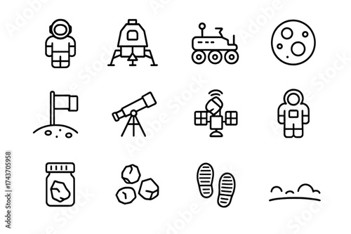 Moon Exploration Icons. Moon exploration. Line icon set of Moon exploration: astronaut, lunar module, rover, craters, lunar flag, telescope, satellite, space