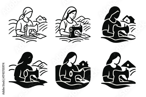 Rural Women Entrepreneurship Logos. Women entrepreneurs in rural areas. Set Logo of Women entrepreneurs in rural areas: Sewing machine / rural