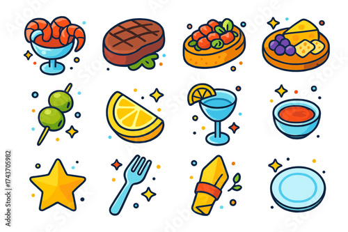 Gourmet Icon Feast. Gourmet Dishes. Colorful isometric vector icons set of gourmet dishes: shrimp cocktail, steak, bruschetta, cheese platter, olive skewer,