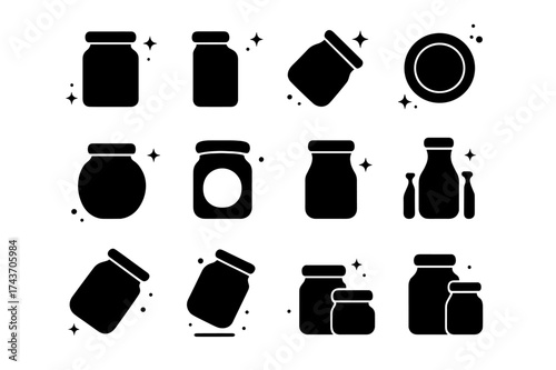 Jar Icon Variations. Empty jar perspectives. Solid icons set of jar front view, jar side view, jar tilted, jar top view, jar bottom view, open mouth jar, wide