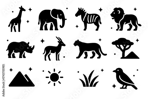 African Animal Icons. African animals. Solid icons set of African animals: giraffe, elephant, zebra, lion, rhinoceros, antelope, leopard, acacia