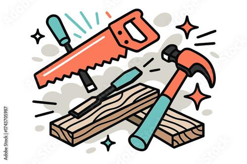 Craftsmanship in Motion. Carpentry tools. A glowing saw, chisel, and hammer arranged around wooden planks, abstract stars and motion lines floating symbolizing