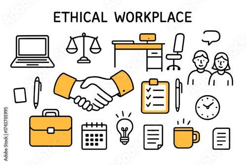 Ethical Workplace Doodle. Ethical Workplace. Hand-drawn doodle illustration ethical workplace handshake (accented), laptop, checklist (accented), scales of
