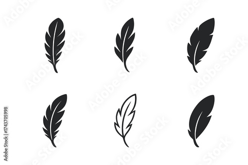 Floating Feather Logos. Letting go of stress from the day. Set Logo of floating feather: light feather drifting downward. harmonious logo variations of the