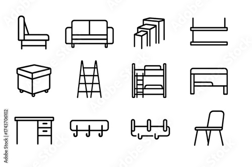 Space-Saving Furniture Icons. Space saving furniture. Line icon set of space saving furniture: folding bed, sofa bed, nesting tables, wall shelf, storage