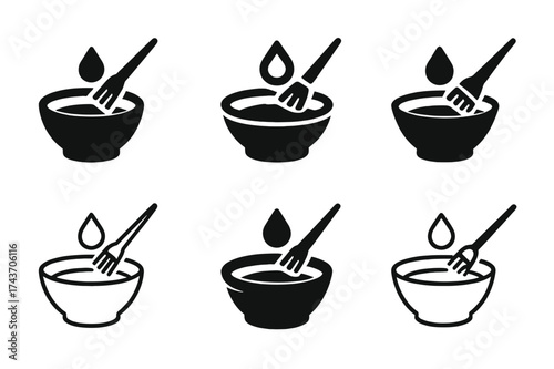 Hair Dye Emblem Variations. Bowl with Hair Dye. Set Logo of Bowl with Hair Dye: droplet. harmonious logo variations of the same emblematic concept, each with
