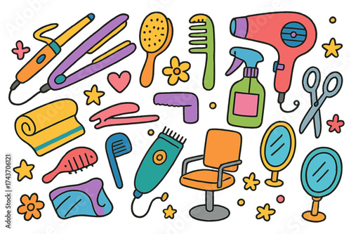 Colorful Hair Styling Icons. Hair Styling. Colorful Hand-drawn doodle Children illustration curling iron, straightener, brush, comb, spray bottle, hair dryer,