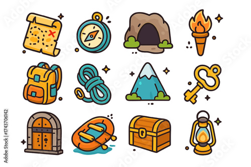 Adventure Icons Collection. Adventure escape. Colorful isometric vector icons set of adventure escape: treasure map, compass, cave entrance, torch, backpack,