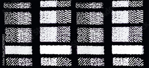 A mosaic of abstract patterns evoking a futuristic tech interface with alternating monochrome geometric designs on a clean background.