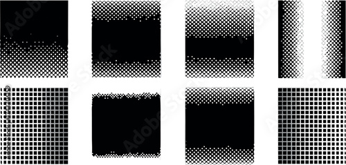 Eight black and white patterns showcasing gradient transitions, demonstrating pixel density and design exploration.