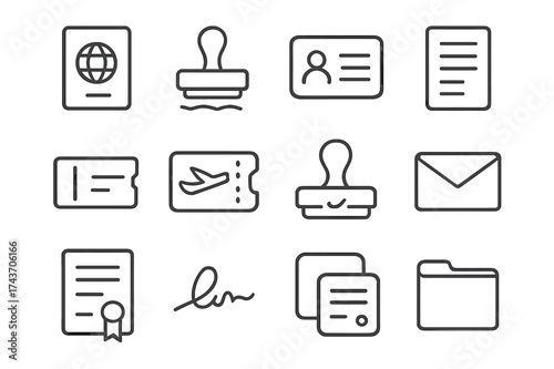 Visa Icon Set. Visa and Documentation. Line icon set of Visa and Documentation: passport, visa stamp, ID card, application form, ticket, boarding pass,