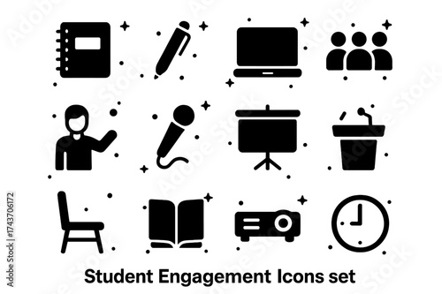 Student Engagement Icons. Student Engagement. Solid icons set of Student Engagement: Notebook, Pen, Laptop, Audience, Teacher, Microphone, Screen, Podium,