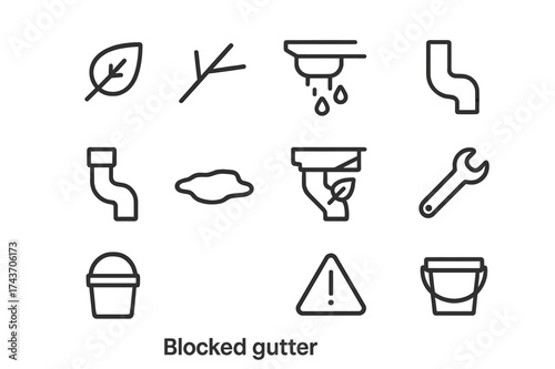 Blocked Gutter Icons. Blocked gutter. Line icon set of blocked gutter: leaf, twig, water overflow, gutter pipe, downspout, puddle, roof edge, wrench, bucket,