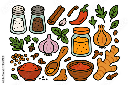 Vibrant Spice Doodles. Spices. Colorful Hand-drawn doodle Children illustration Spices salt shaker, pepper shaker, cinnamon stick, chili pepper, garlic, onion,
