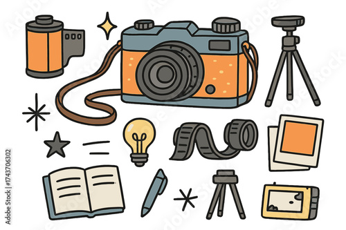 Vintage Camera Doodle. Wedding Decor. Hand-drawn doodle illustration table runner (colored), flower bouquet (colored), candle, wine glass (colored), plates,