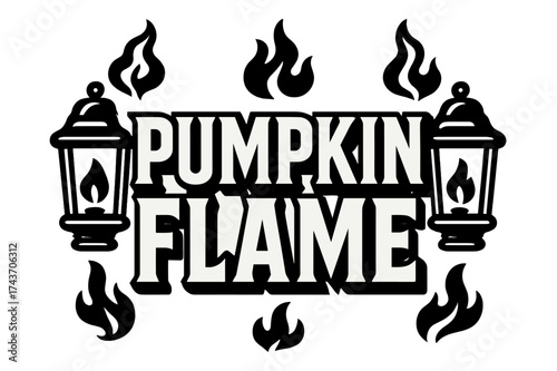Pumpkin Flame Typography. Pumpkin Flame ? Bold Block Lettering, stacked uppercase with chunky geometric serifs, heavy outline and flat 3D shading, framed with