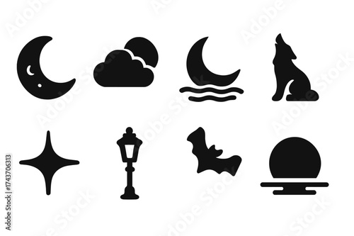 Moonlight Icon Set. Moonlight. Filled icon set of Moonlight: crescent moon, glowing cloud, night water