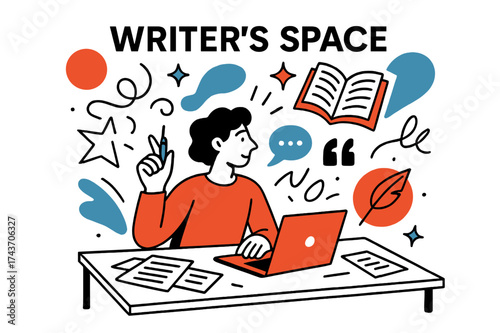 Creative Writing Space. Writer?s Space. A desk with glowing laptop and papers scattered, abstract floating words and icons symbolizing storytelling energy.
