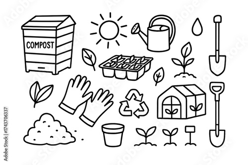 Sustainable Gardening Doodles. Sustainability gardening. Hand-drawn doodle illustration sustainability gardening compost bin, watering can, seedling tray,