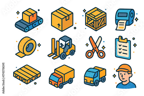Colorful Packaging Icons. Packaging. Colorful isometric vector icons set of packaging: conveyor belt, package box, crate, tape, barcode, label printer, pallet,
