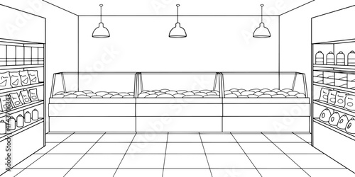 Grocery store shop interior black white graphic sketch illustration vector 