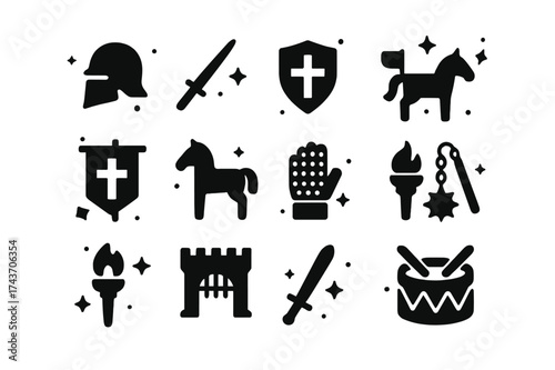 Military Order Icons. Military Order. Solid icons set of Military Order: helmet, lance, shield, war axe, banner, horse, chainmail glove, spiked flail, torch,