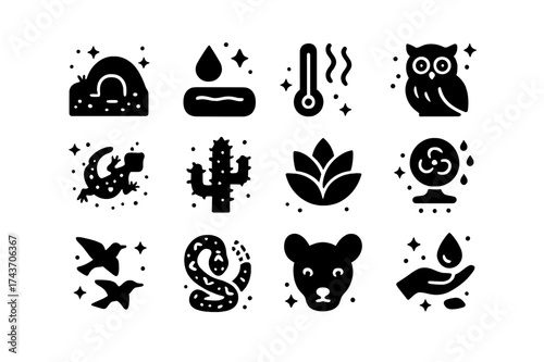 Desert Survival Icons. Desert adaptations. Solid icons set of animal burrow, water storage, heat resistance, nocturnal animal, camouflage, thorny plant,