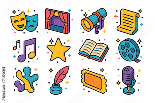 Colorful Theatrical Icons. Theatrical Blend. Colorful isometric vector icons set of theatrical blend: mask, stage curtain, spotlight, script, music note, star,