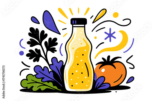 Vibrant Kitchen Abstraction. Kitchen preparation. Glowing bottle of creamy dressing next to fresh herbs and vegetables, abstract floating droplets and light