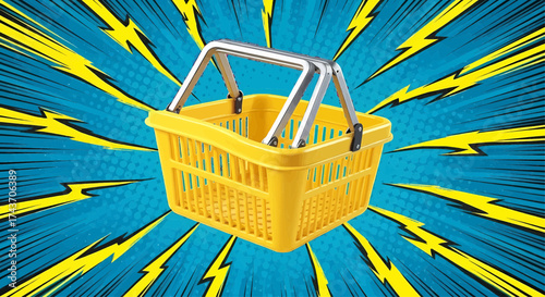 Pop art comic style yellow shopping basket vector illustration for a retail sale concept, commercial design