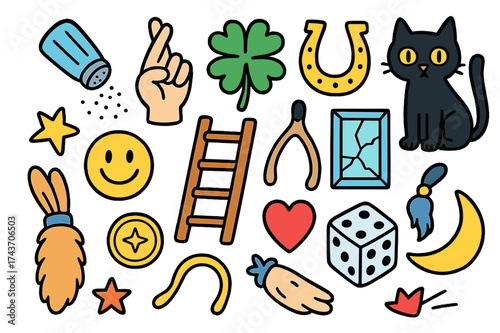 Superstitions Icon Montage. Superstitions. Colorful Hand-drawn doodle Children illustration Superstitions spilled salt, crossed fingers, four-leaf clover,