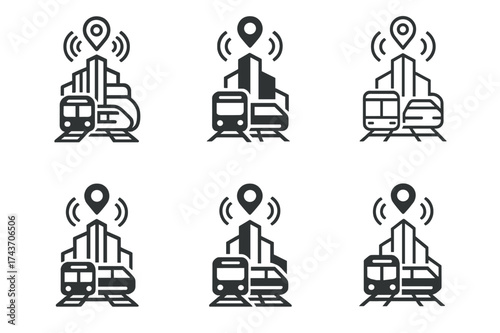 Smart City Logos. Smart cities and future technology. Set Logo of Smart cities and future technology: Multimodal transit hub. harmonious logo variations of the