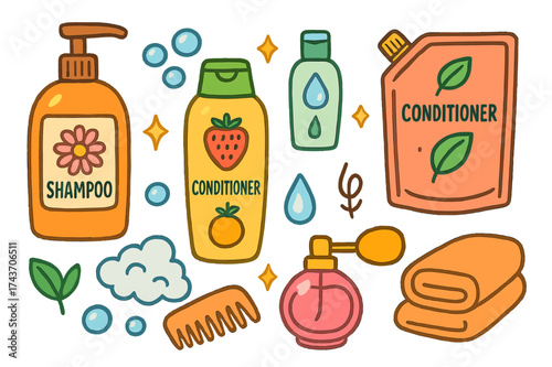 Colorful Haircare Doodles. Shampoo and Conditioner. Colorful Hand-drawn doodle Children illustration Shampoo and Conditioner bottles pump bottle, flip-cap