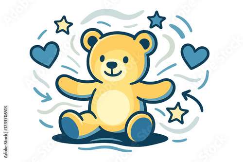 Glowing Teddy Delight. Teddy bear. Glowing plush teddy sitting with open arms, surrounded by floating heart and star icons. Soft light waves radiating warmth