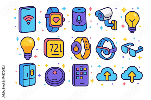 Smart Living Icons. Smart Living. Colorful isometric vector icons set of Smart Living: smartphone, smartwatch, voice assistant, smart light bulb, thermostat,