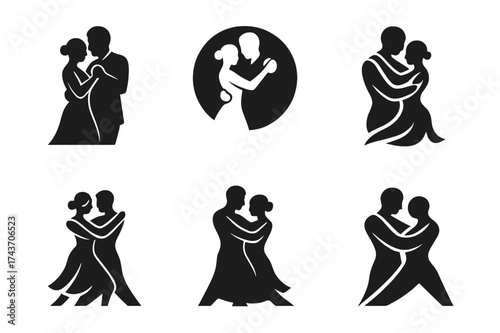 Tango Dance Logos Grid. Dance as a form of stress relief and relaxation. Set Logo of Dance as a form of stress relief and relaxation: Tango couple (embrace).