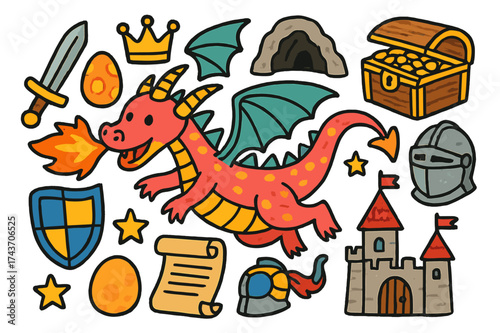 Dragon's Fiery Treasure. Dragon. Colorful Hand-drawn doodle Children illustration Flying dragon, wings, fire, scales, egg, treasure, crown, cave, sword,