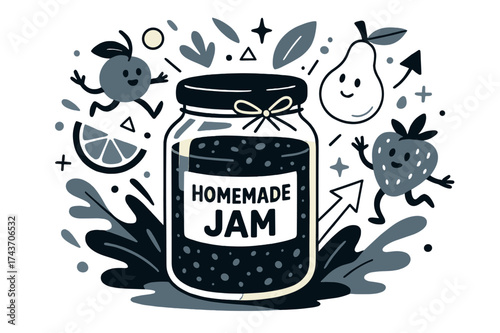 Vibrant Homemade Jam. Homemade jam. Glowing jar of freshly made jam with abstract floating fruits and geometric shapes highlighting natural freshness and