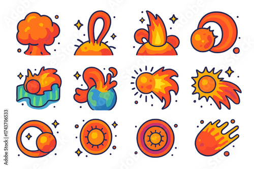 Colorful CME Icons. Coronal mass ejections. Colorful isometric vector icons set of coronal mass ejections: plasma cloud, CME loop, CME eruption, CME shock