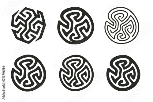 Harmonious Maze Logos. Twisted labyrinth of suffering. Set Logo of Conceptual art: maze with twisting corridors. harmonious logo variations of the same