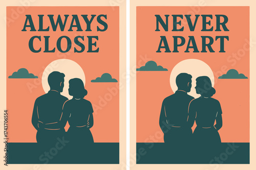 Vintage Couple Banners. Togetherness. Two vertical A6 banners with safe margins, centered composition, no elements touching edges, retro style, coral and teal,
