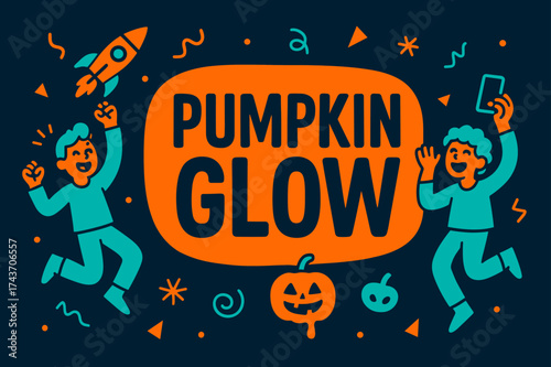 Pumpkin Glow Celebration. Pumpkin Glow banner, flat vector illustration, bold oversized text inside rounded blob, cartoon characters jumping and laughing,