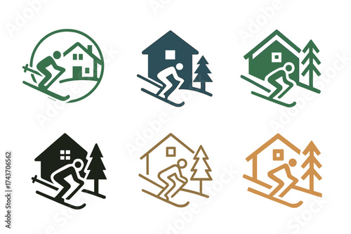 Skiing Logos Collection. Skiing. Set Logo of Skiing: chalet. harmonious logo variations of the same emblematic concept, each with different artistic